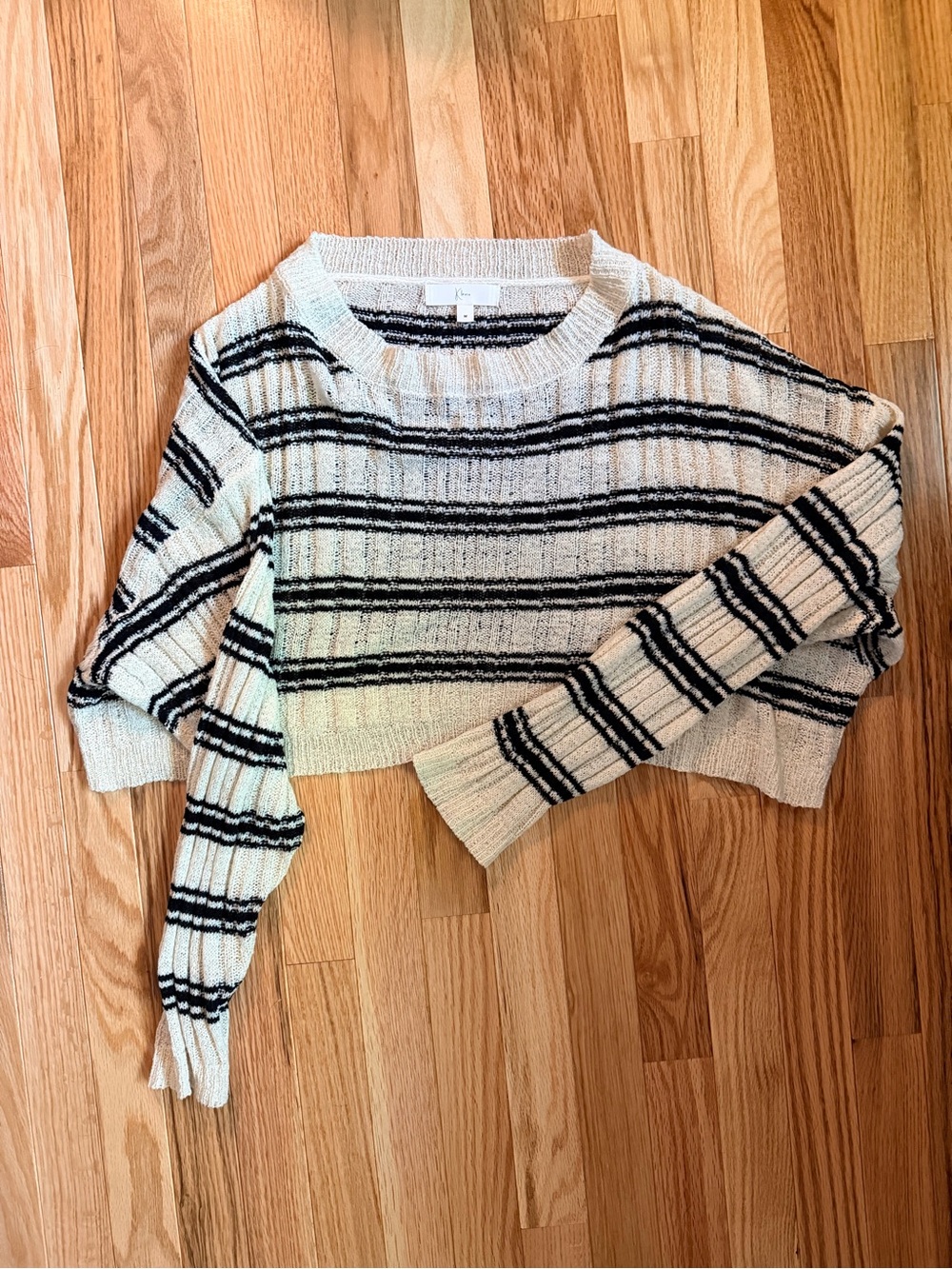Striped Cropped Crewneck Sweater in Cream and Black